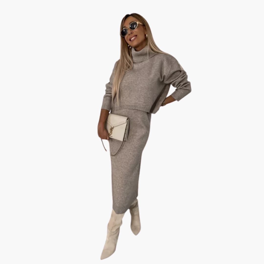 Ensemble tricot femme avec pull à col roulé et jupe longue