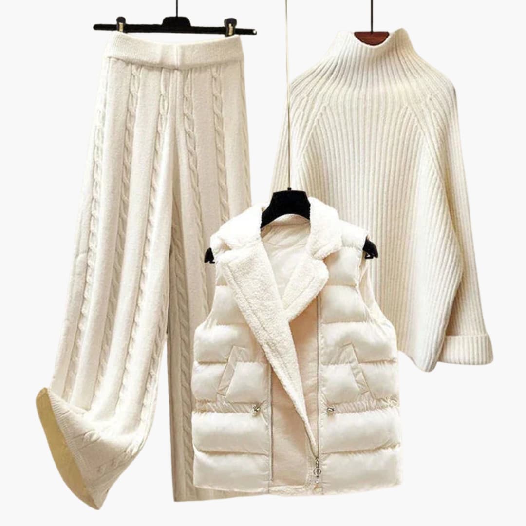 Ensemble tricot trois pièces pour femme avec pull à col roulé et veste matelassée