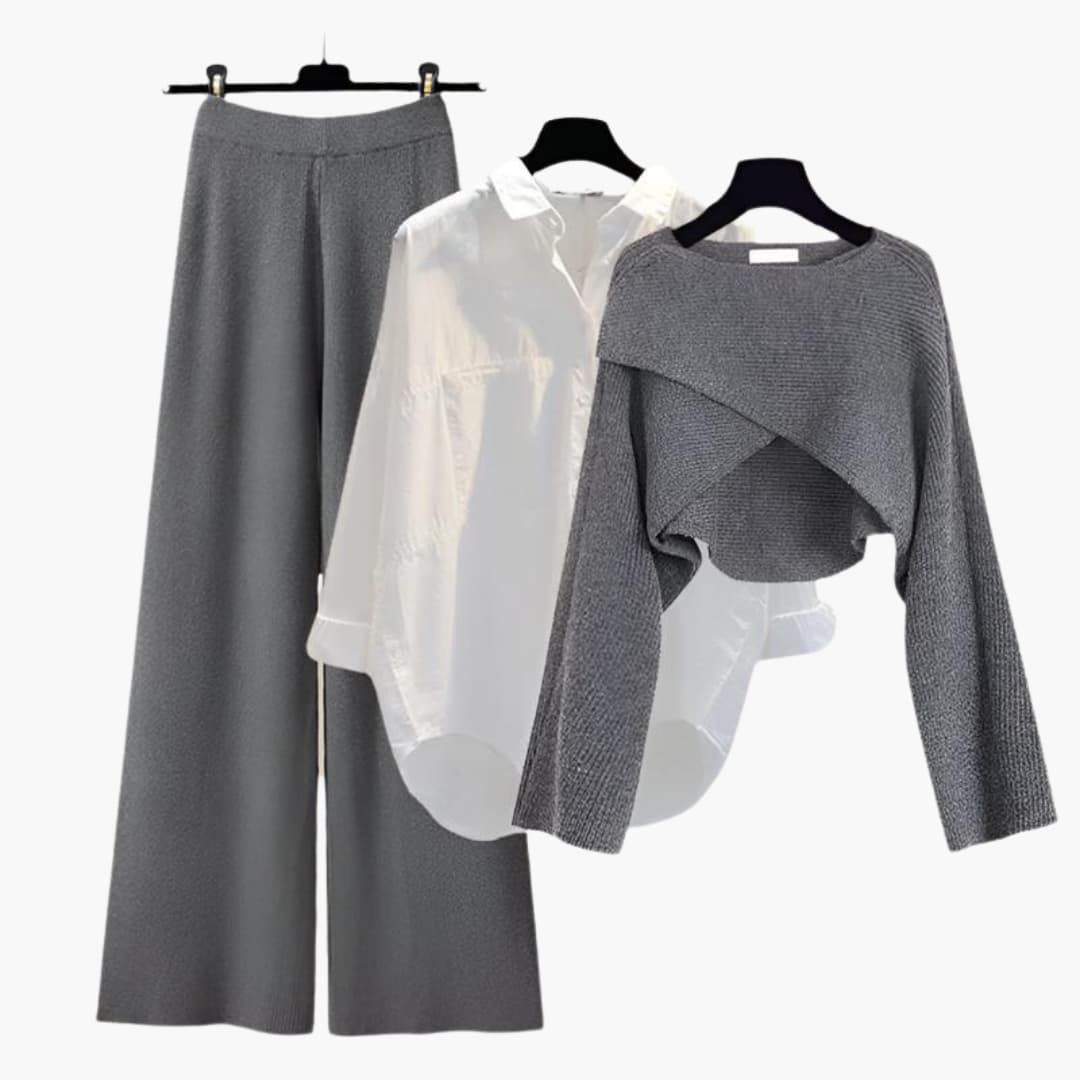Ensemble trois-pièces pour femme avec chemise, haut en maille et pantalon à jambe large
