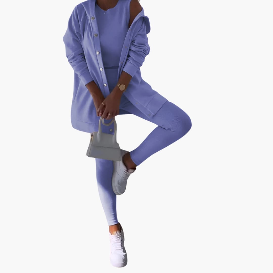 Ensemble trois pièces femme avec chemise longue et pantalon ajusté