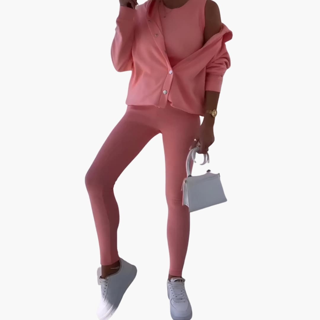 Ensemble trois pièces femme avec chemise longue et pantalon ajusté