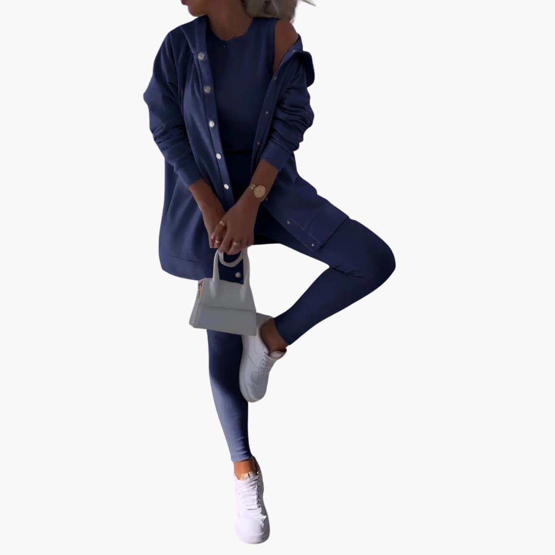 Ensemble trois pièces femme avec chemise longue et pantalon ajusté