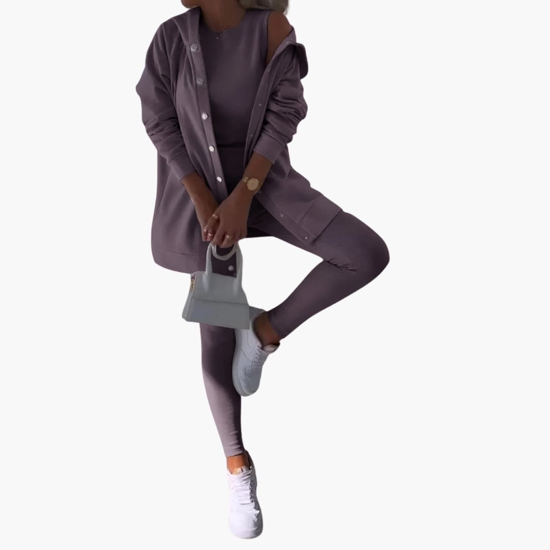 Ensemble trois pièces femme avec chemise longue et pantalon ajusté