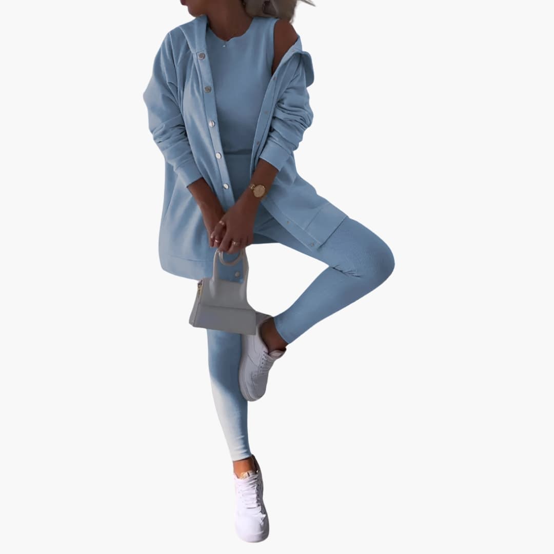 Ensemble trois pièces femme avec chemise longue et pantalon ajusté