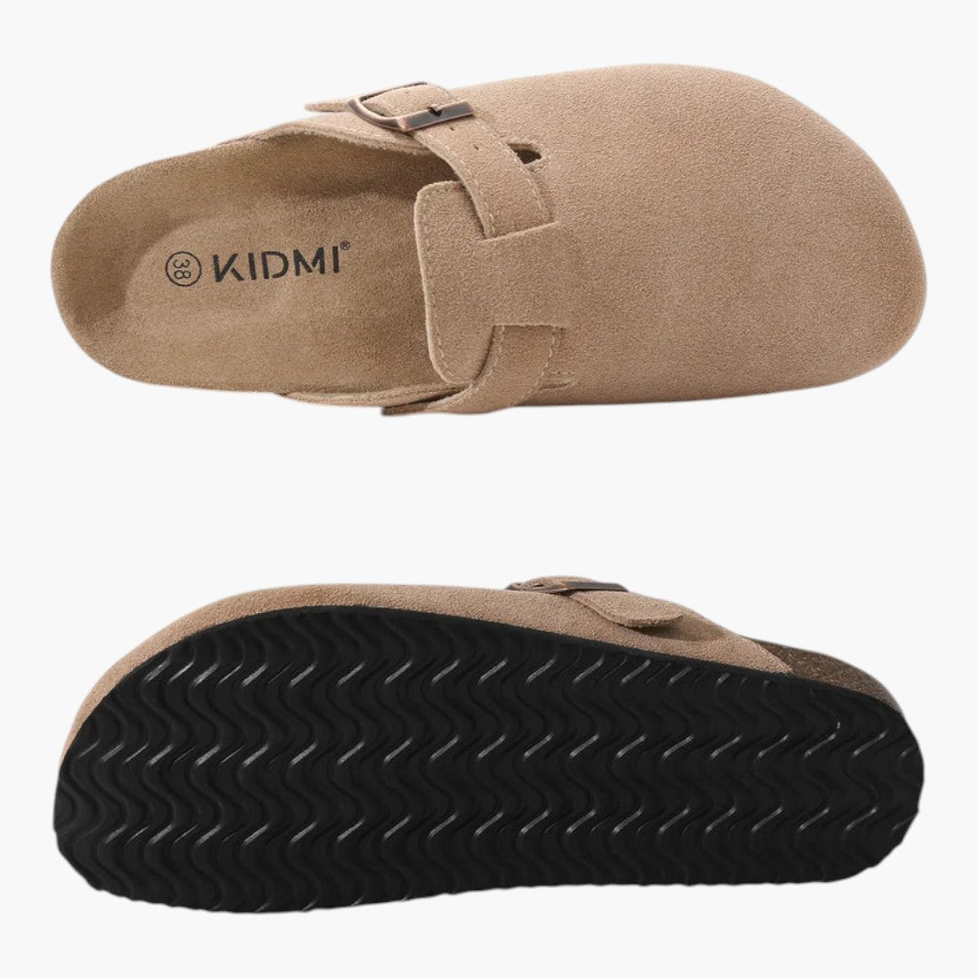 Damesandaler i ruskind med spænde og korksål