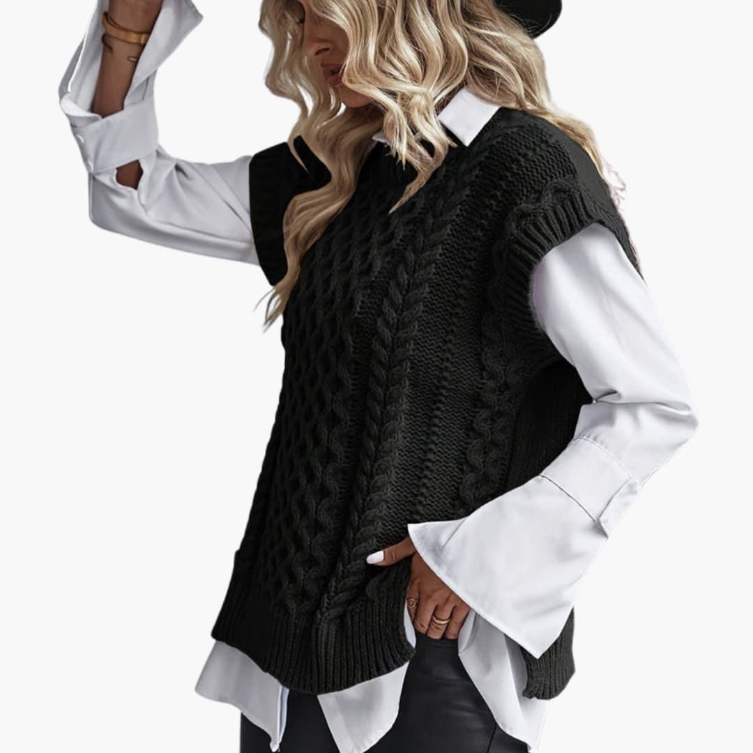 Gilet sans manches en maille torsadée pour femme avec col rond