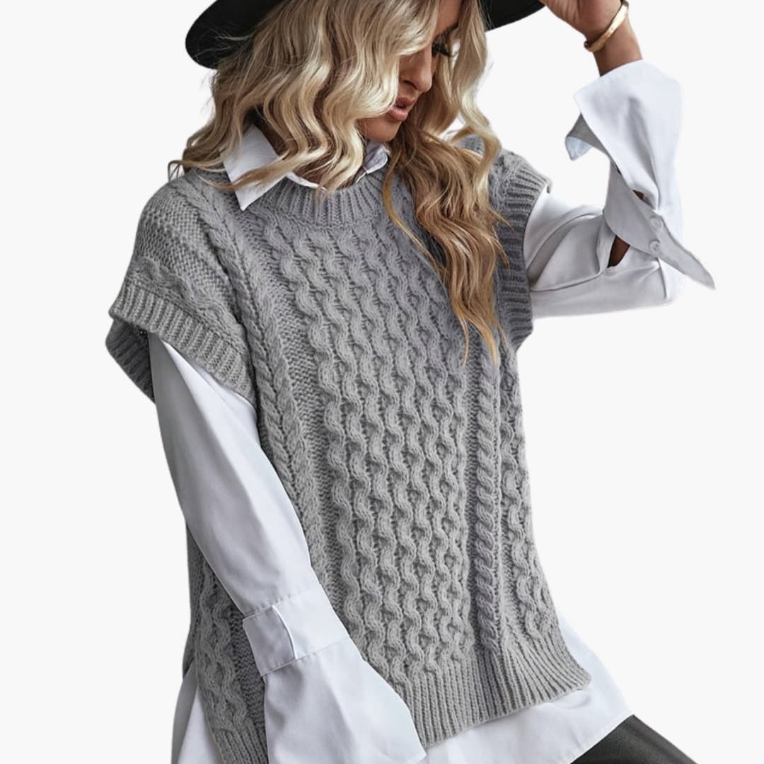 Gilet sans manches en maille torsadée pour femme avec col rond