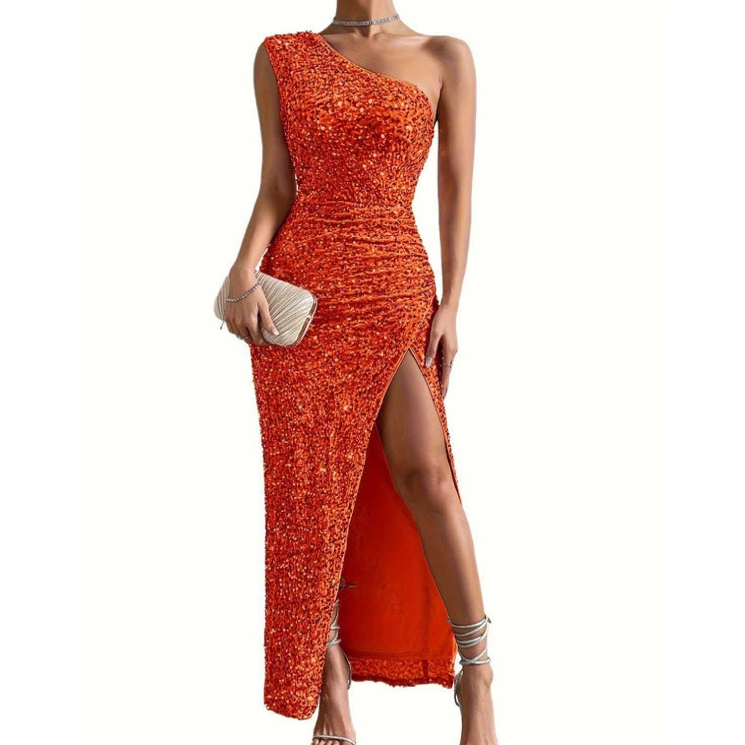 Glänzendes Kleid für Damen, schulterfrei, mit seitlichem Schlitz für formelle Anlässe