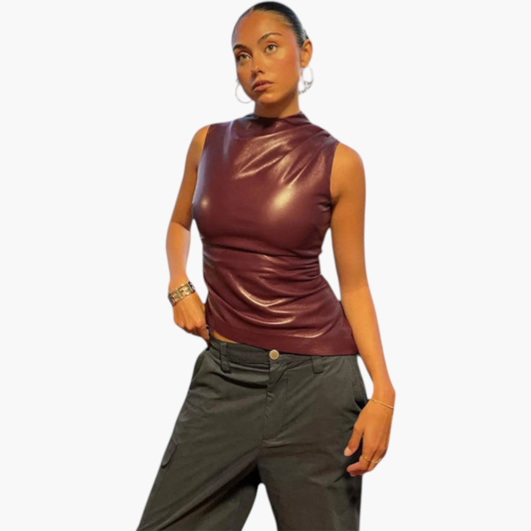 Women's Sleeveless Top with High Neck and Fitted Cut