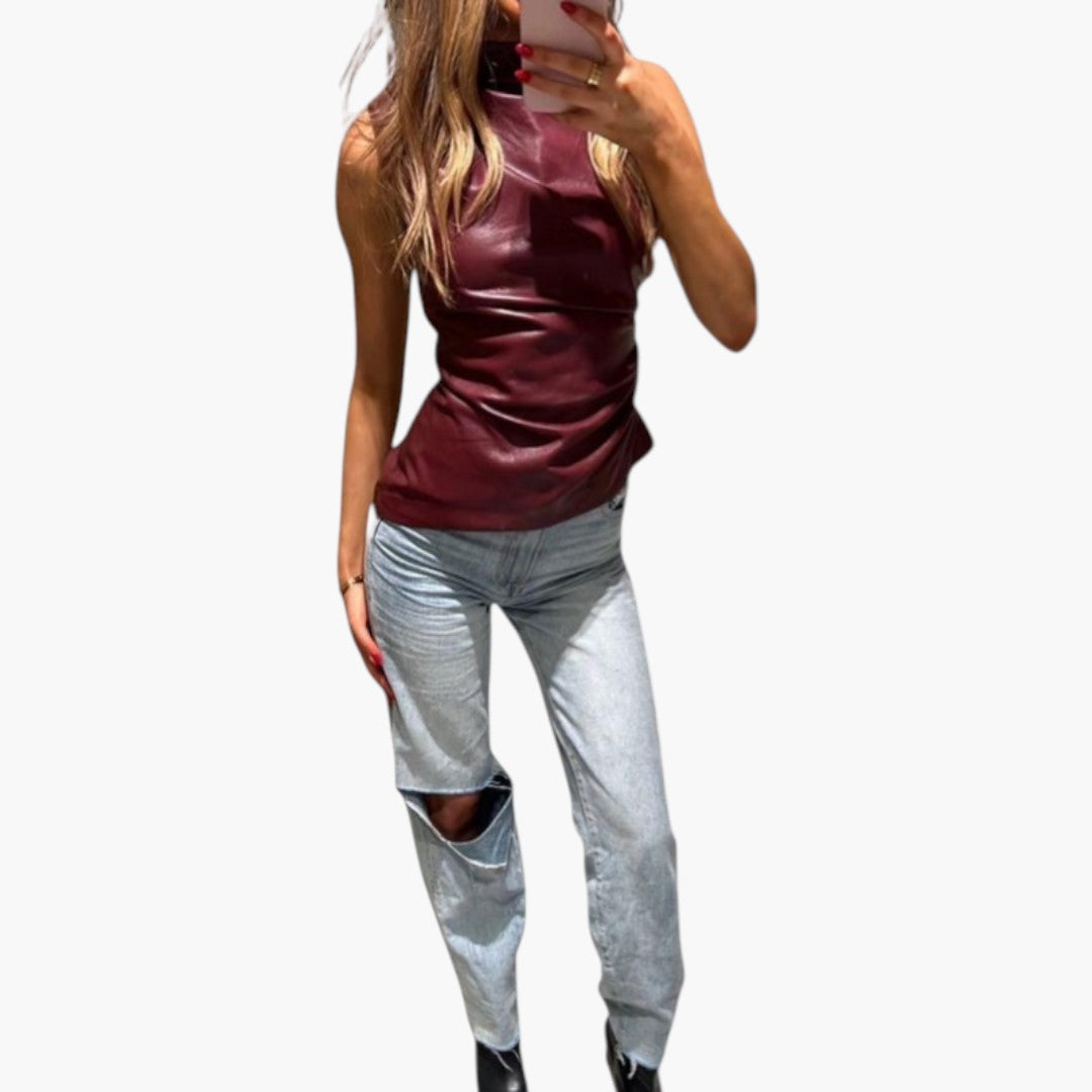 Women's Sleeveless Top with High Neck and Fitted Cut