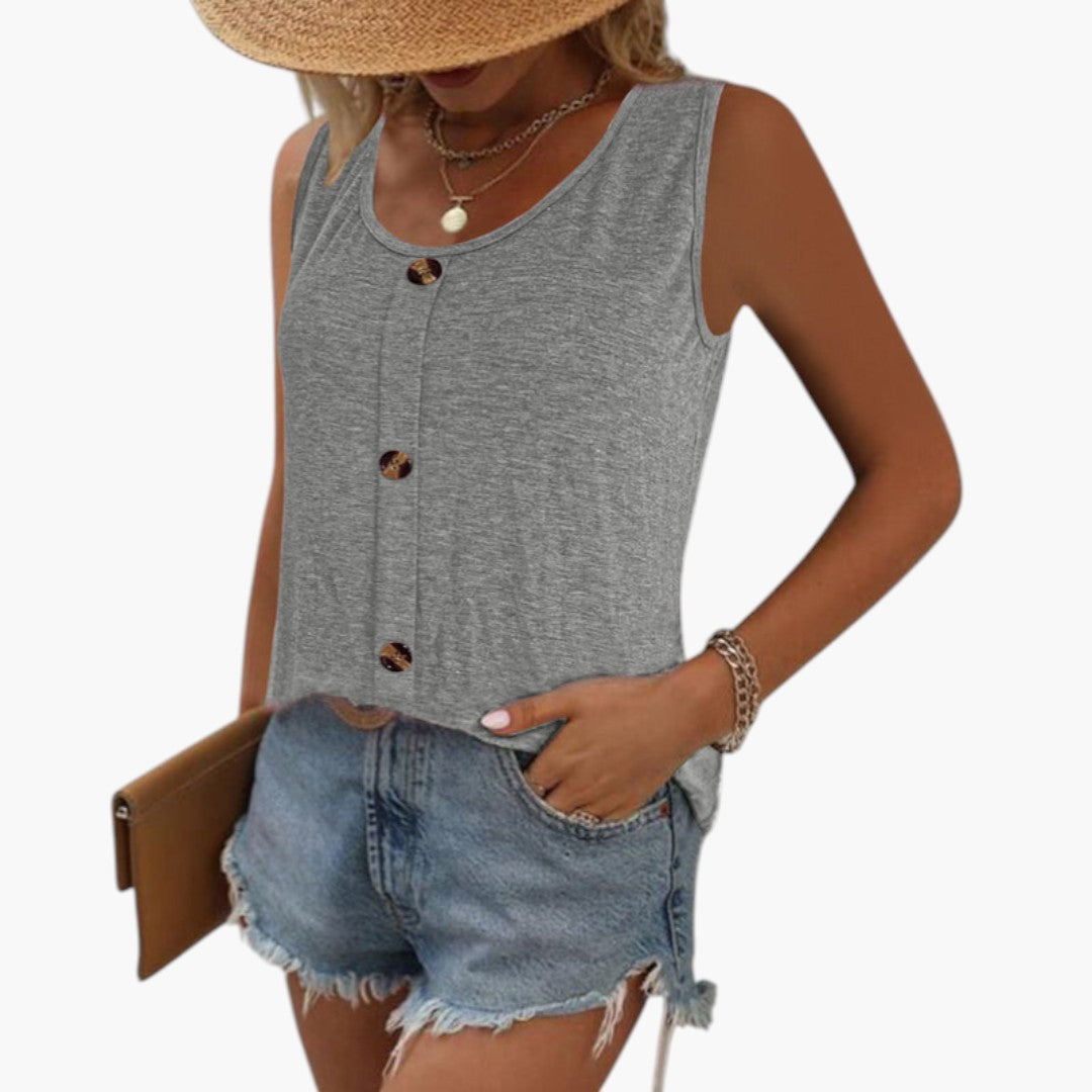 Women's Sleeveless Top with Round Neck and Button Detail