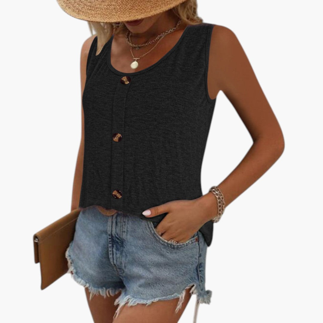 Women's Sleeveless Top with Round Neck and Button Detail