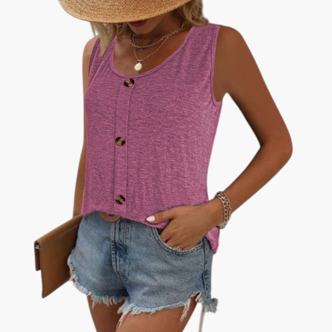 Women's Sleeveless Top with Round Neck and Button Detail