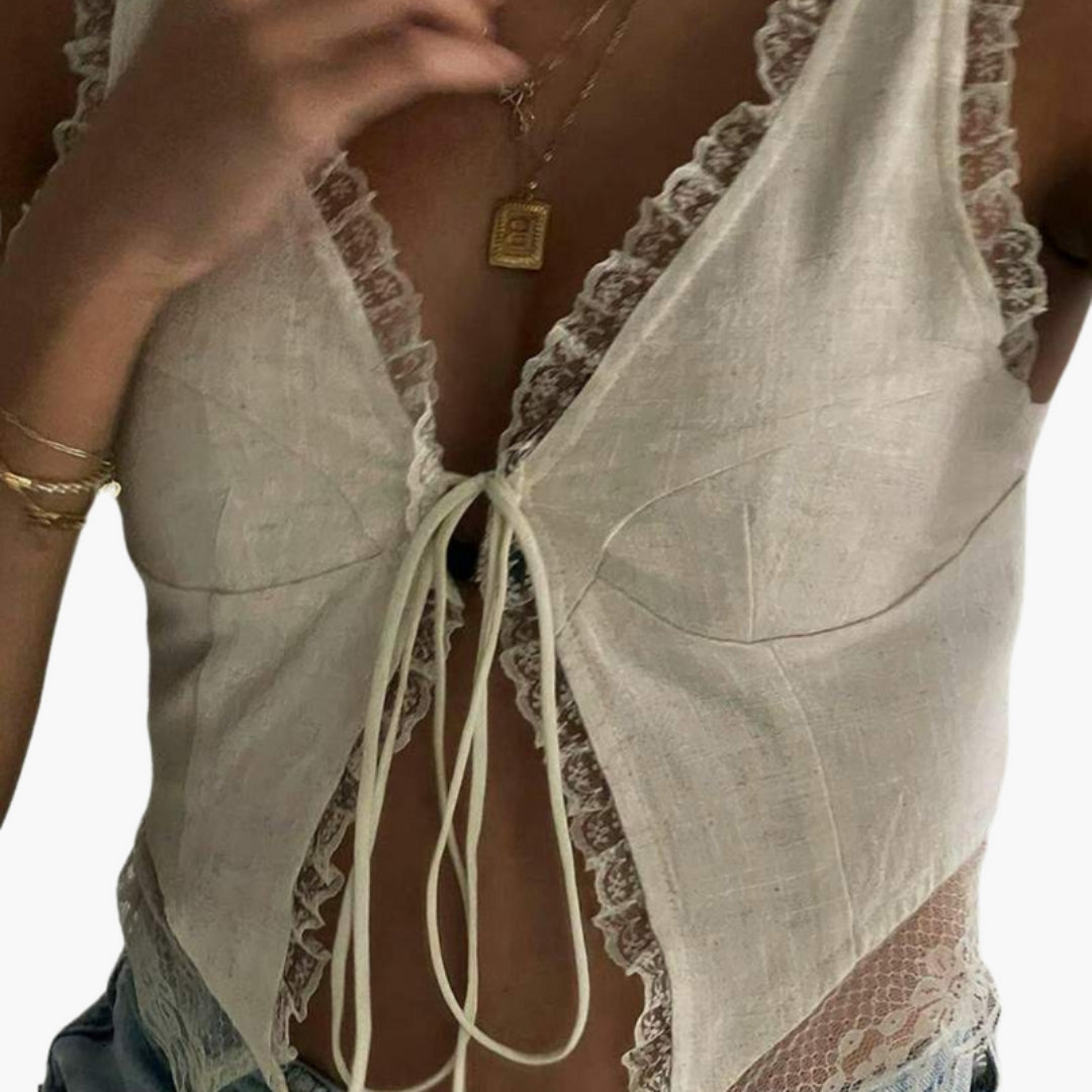 Maglia Donna con Scollo a V e Rifinitura in Pizzo