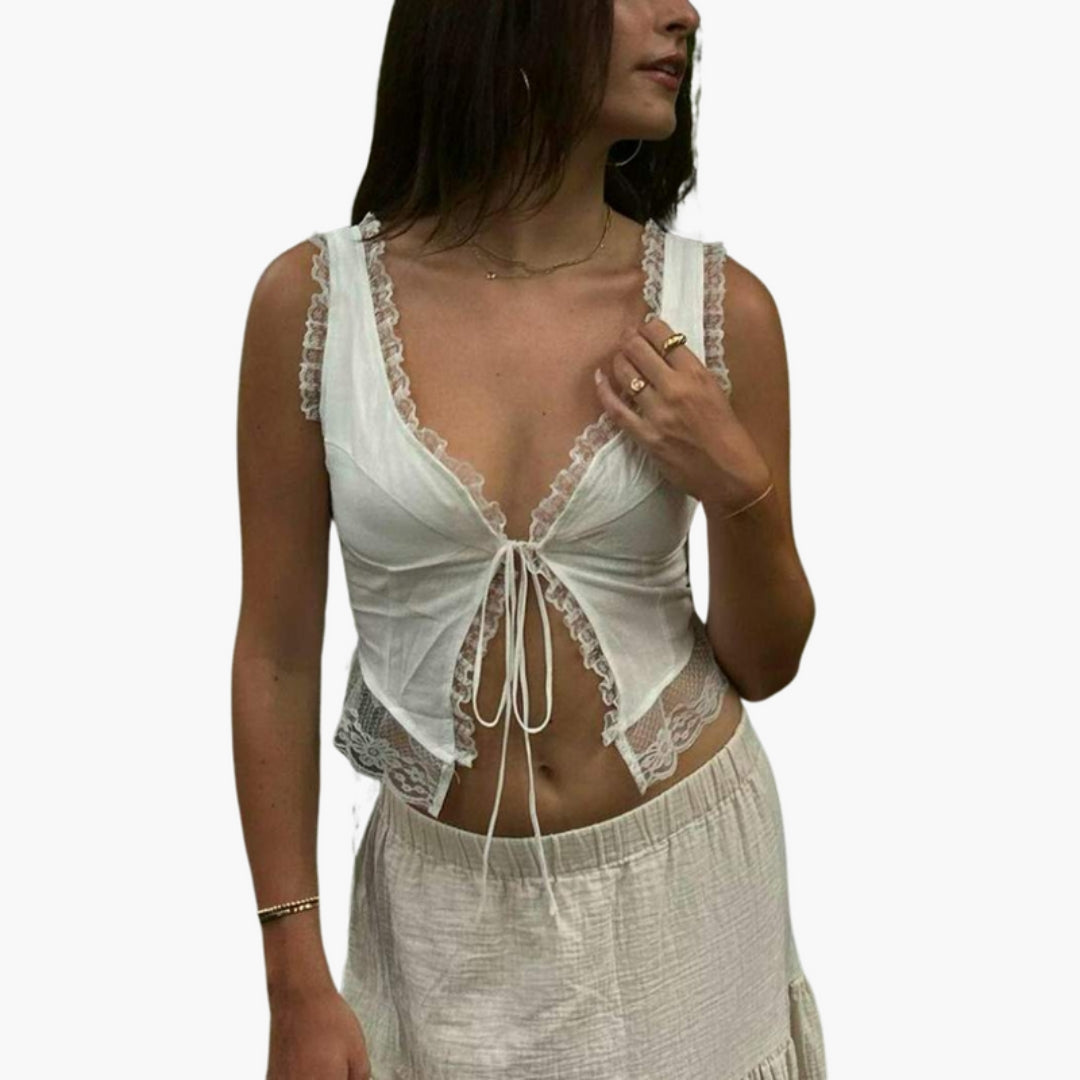 Maglia Donna con Scollo a V e Rifinitura in Pizzo