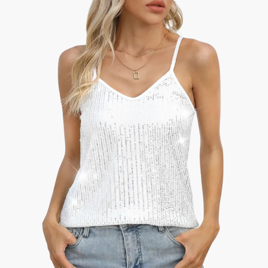 Haut pour femme avec encolure en V, bretelles spaghetti et surface effet scintillant