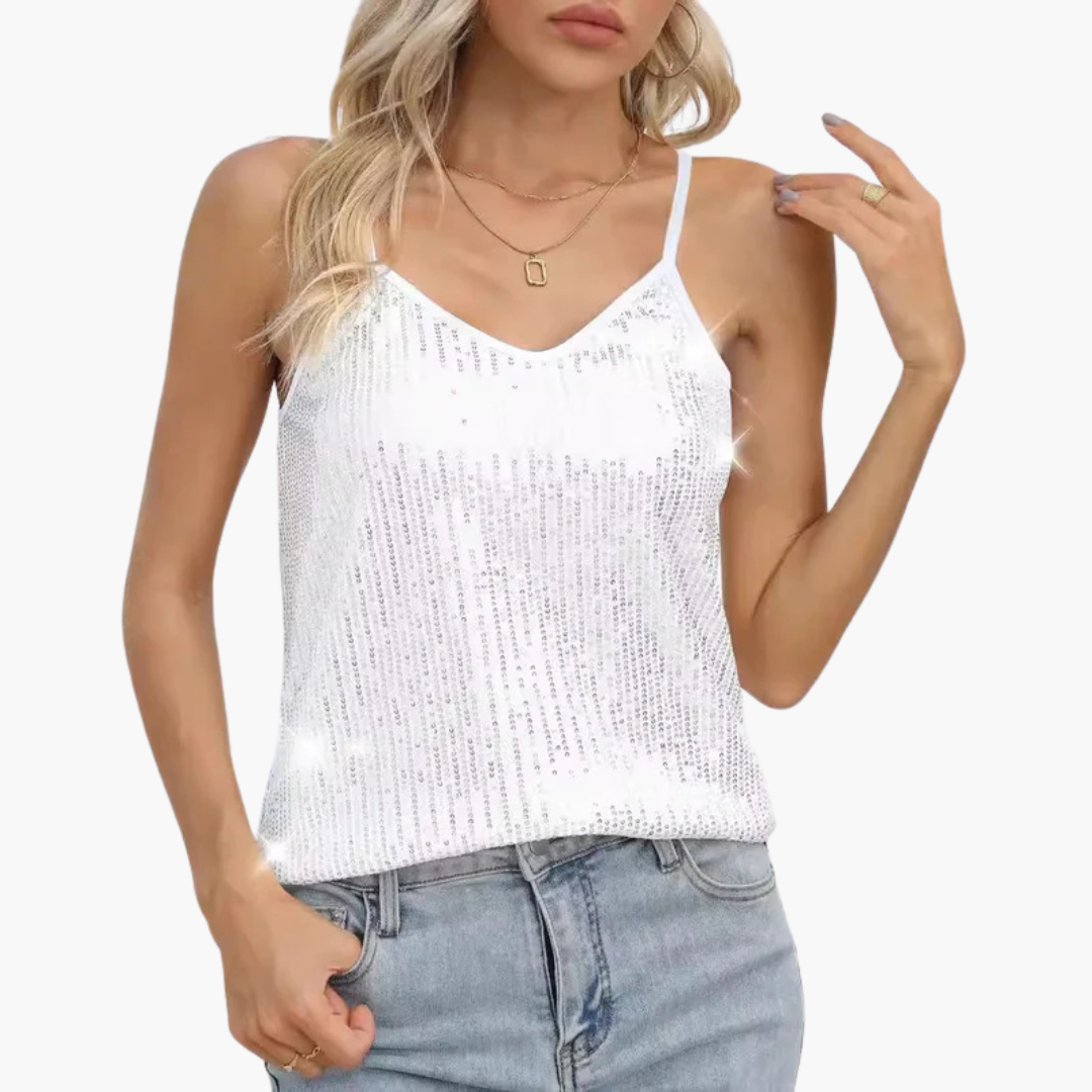 Haut pour femme avec encolure en V, bretelles spaghetti et surface effet scintillant