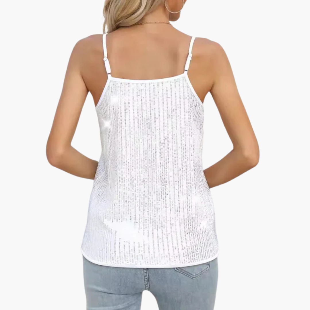 Haut pour femme avec encolure en V, bretelles spaghetti et surface effet scintillant