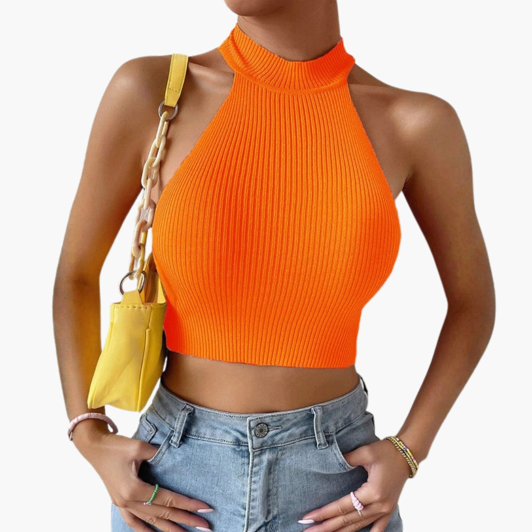 Women's cropped top with high collar and ribbed texture