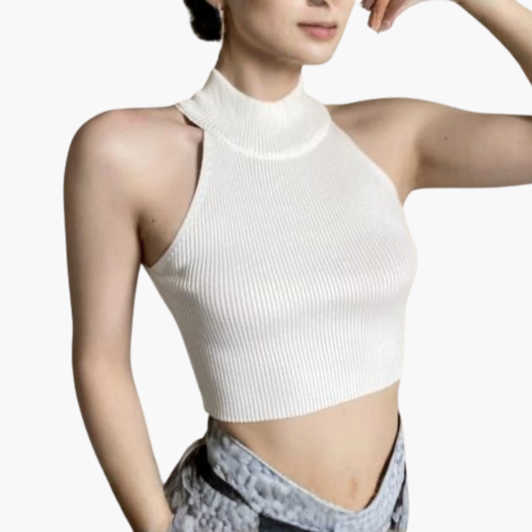 Women's cropped top with high collar and ribbed texture