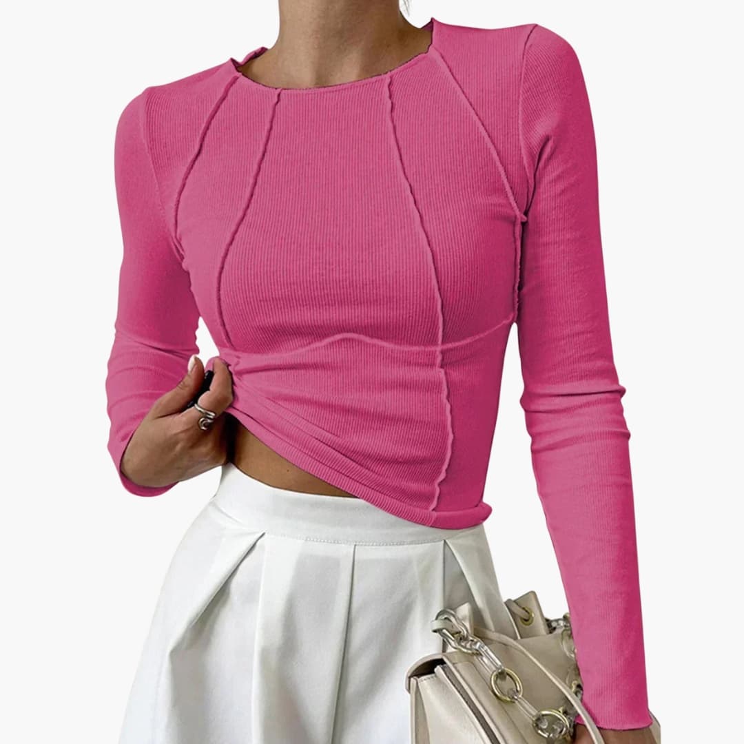 Haut femme ajusté à manches longues avec col rond