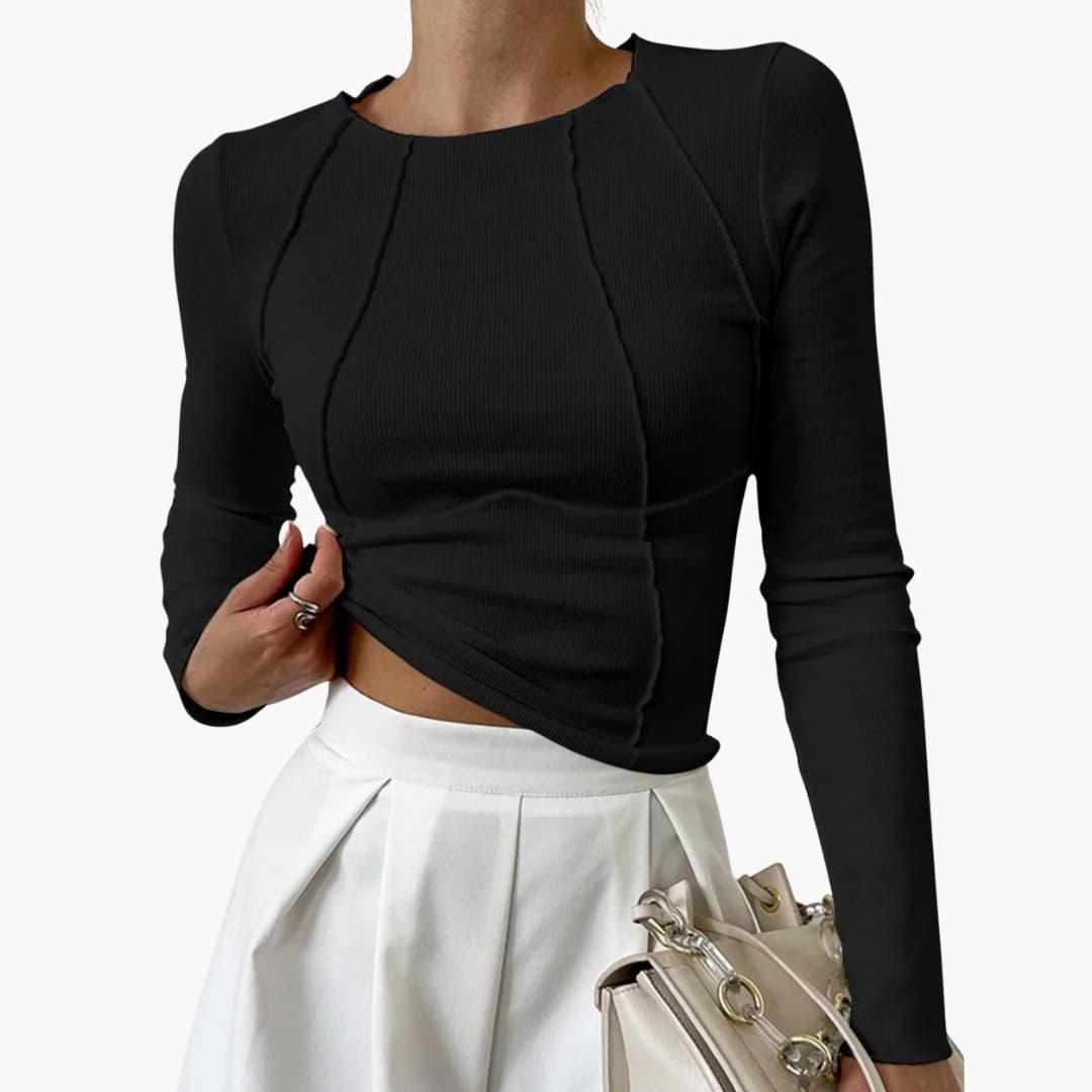 Haut femme ajusté à manches longues avec col rond