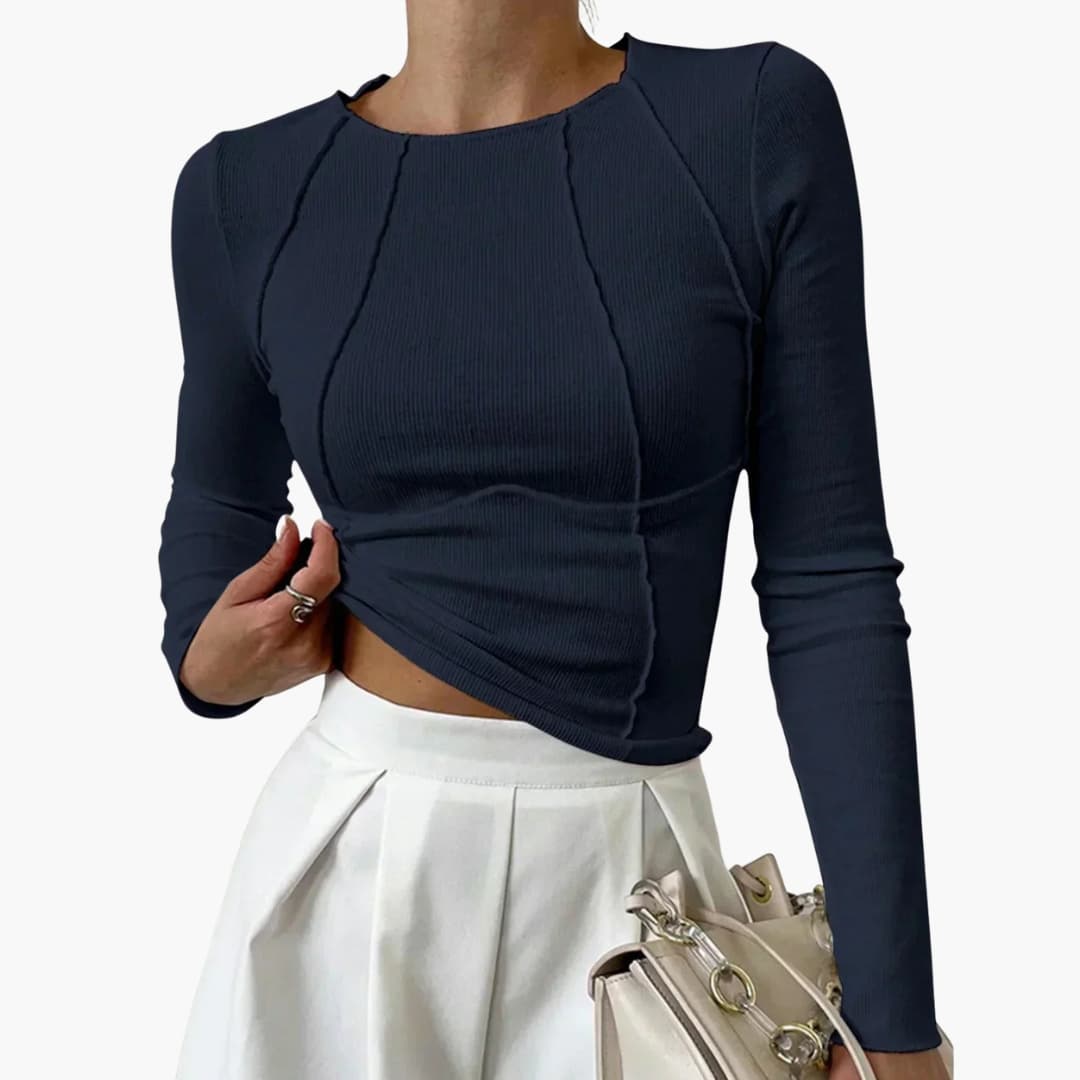 Haut femme ajusté à manches longues avec col rond