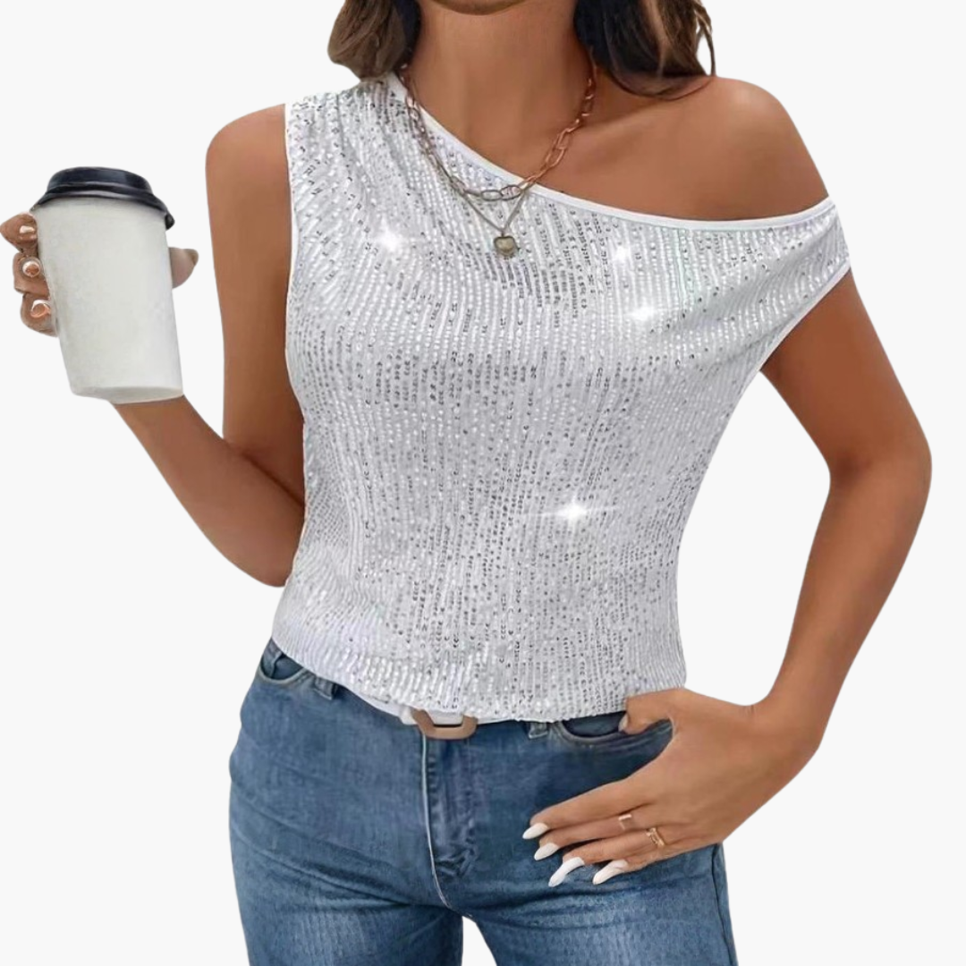 Haut femme à une épaule avec surface à sequins et coupe ajustée
