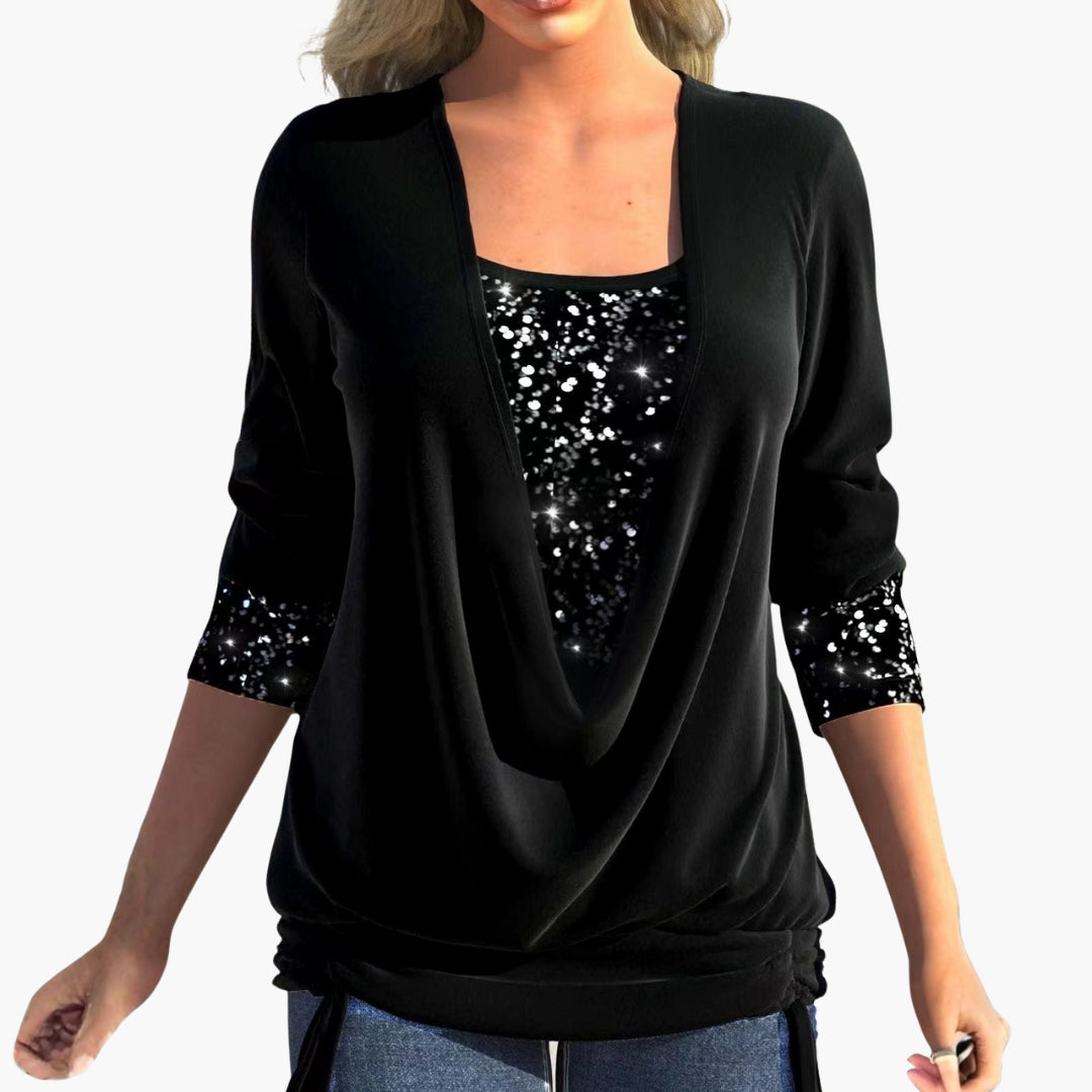 Draperet damebluse foran med pailletindsatser