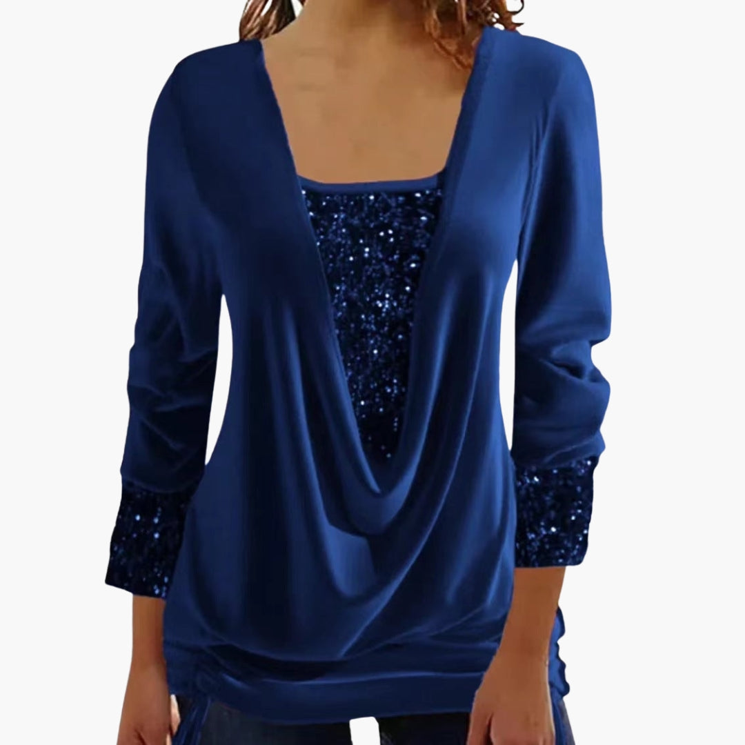 Draperet damebluse foran med pailletindsatser