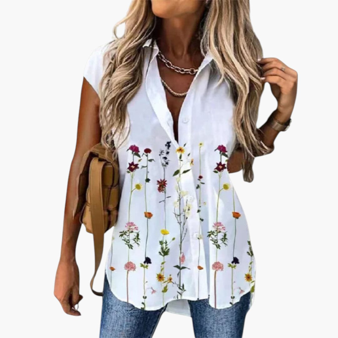 Maglia donna con stampa di farfalle e patta con bottoni