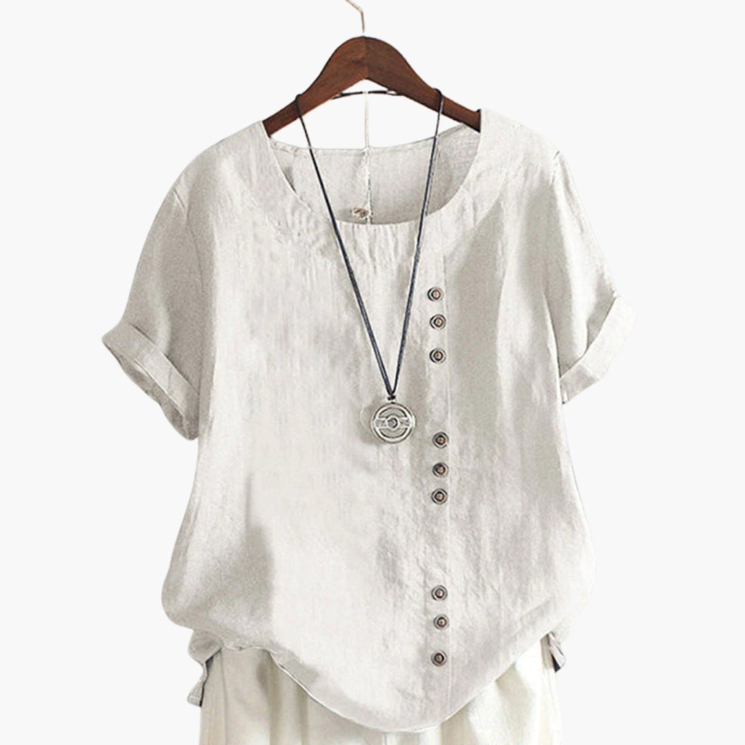 Maglia donna maniche corte collo tondo con bottoni decorativi