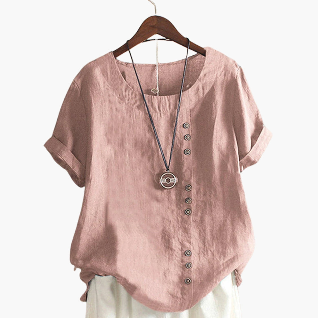 Maglia donna maniche corte collo tondo con bottoni decorativi
