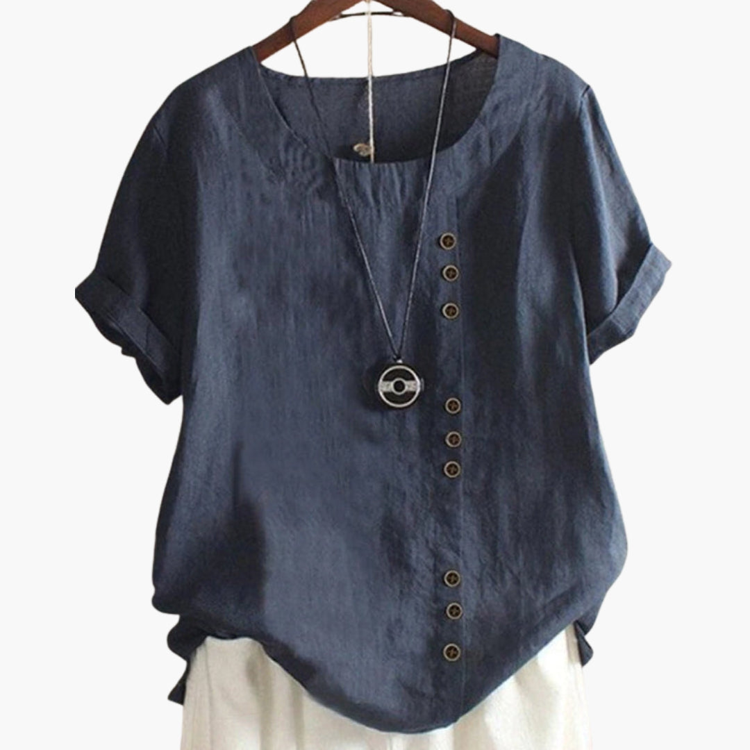 Maglia donna maniche corte collo tondo con bottoni decorativi