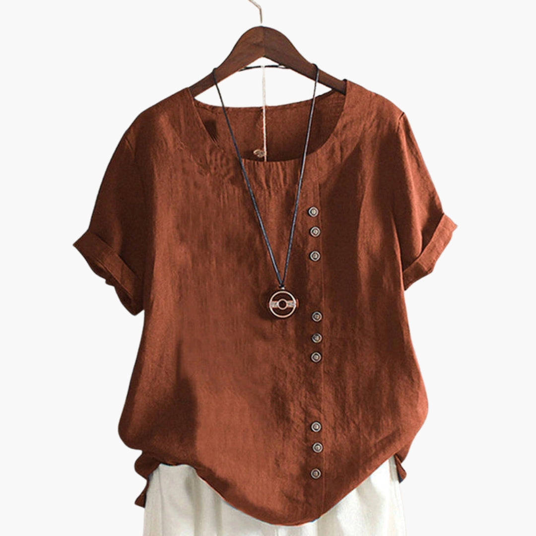 Maglia donna maniche corte collo tondo con bottoni decorativi