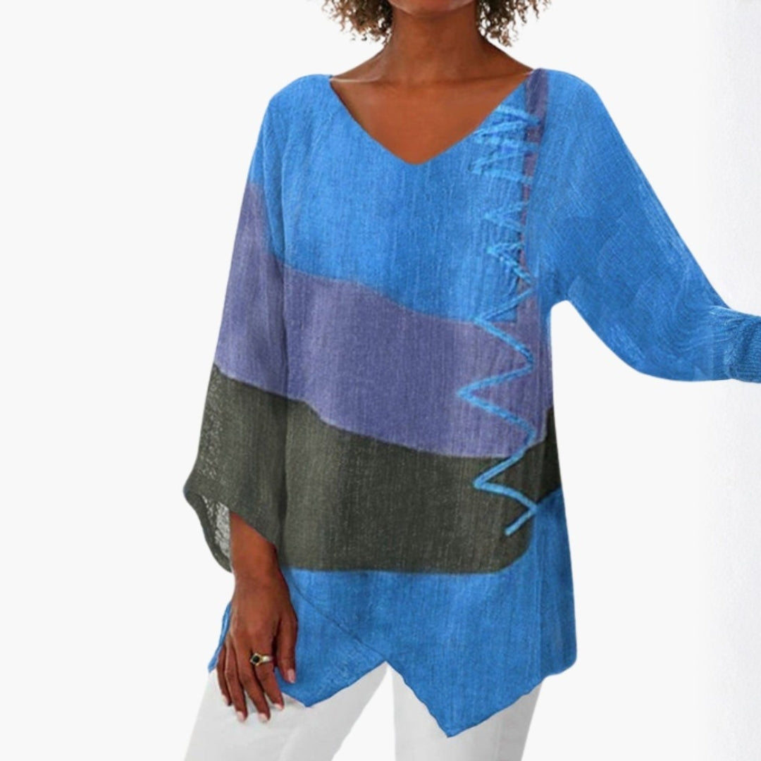 Maglia donna maniche lunghe scollo a V con motivo stampato