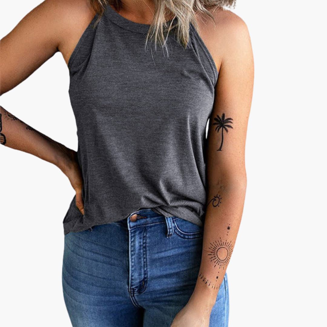 Top donna senza maniche con scollo alto e taglio ampio
