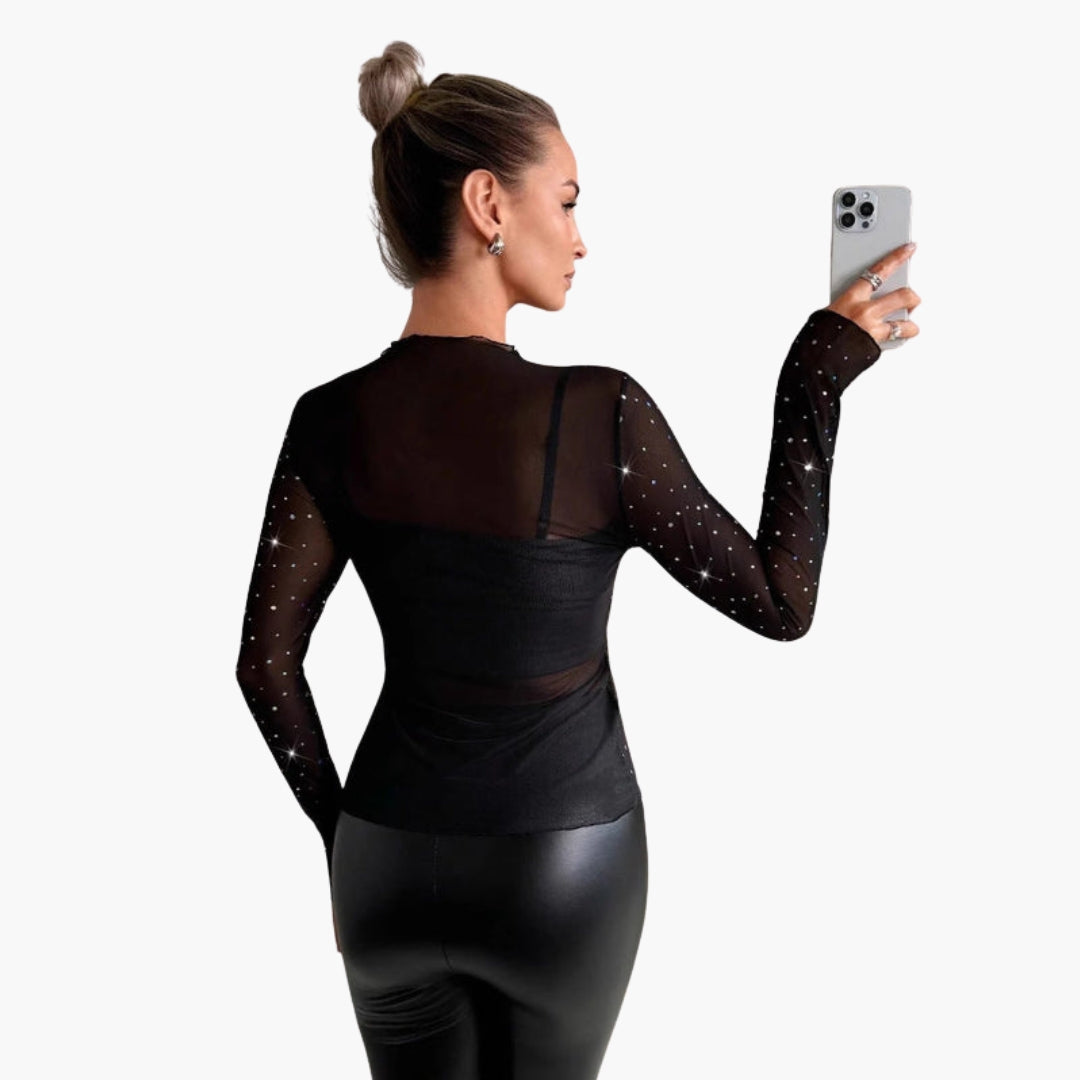 Top feminino transparente com mangas compridas