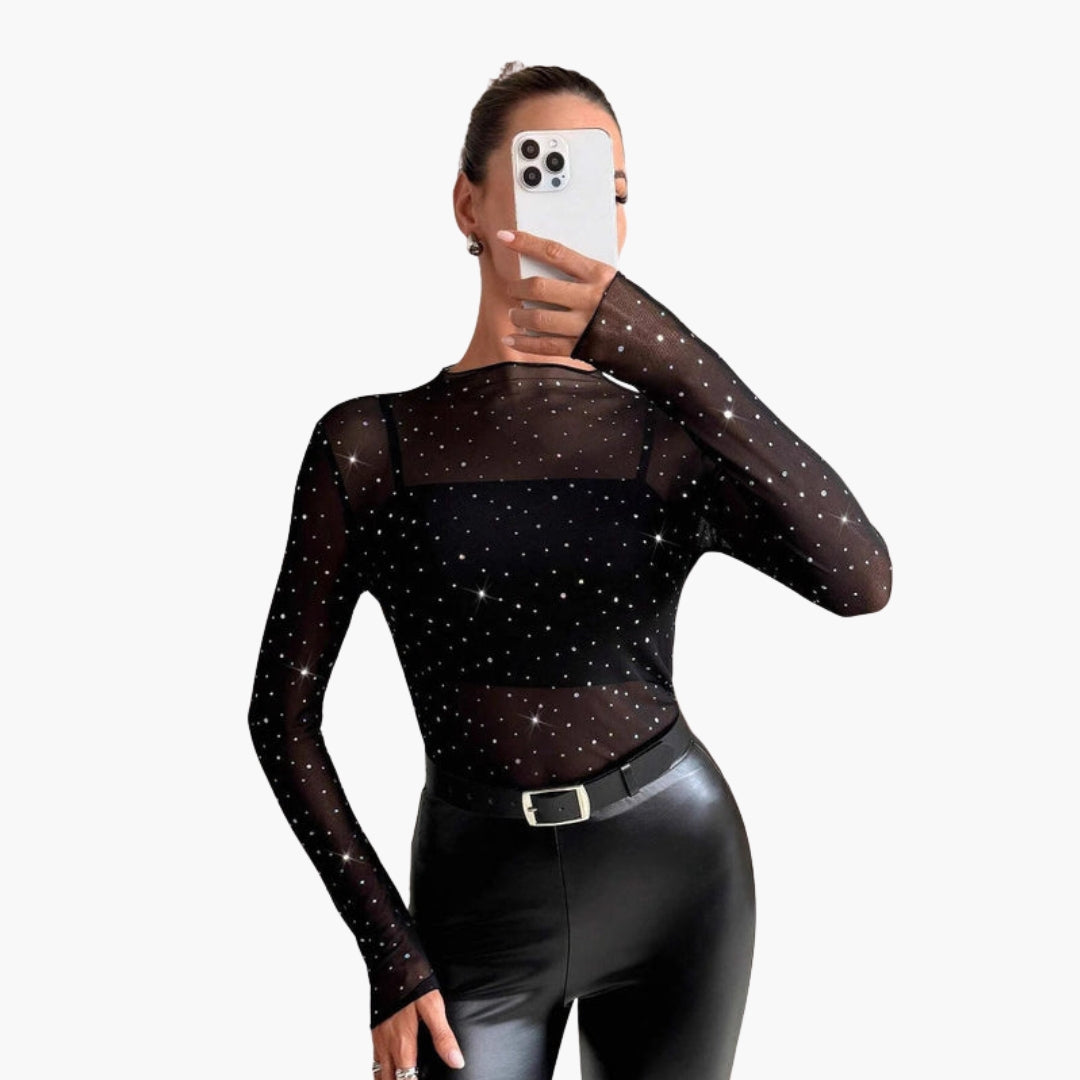Top feminino transparente com mangas compridas