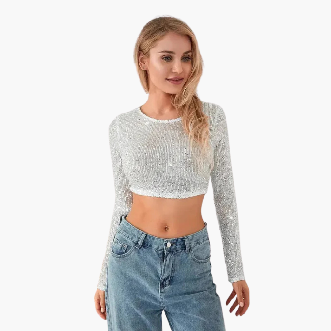 Top per donna a maniche lunghe con scollo rotondo e esterno a paillettes