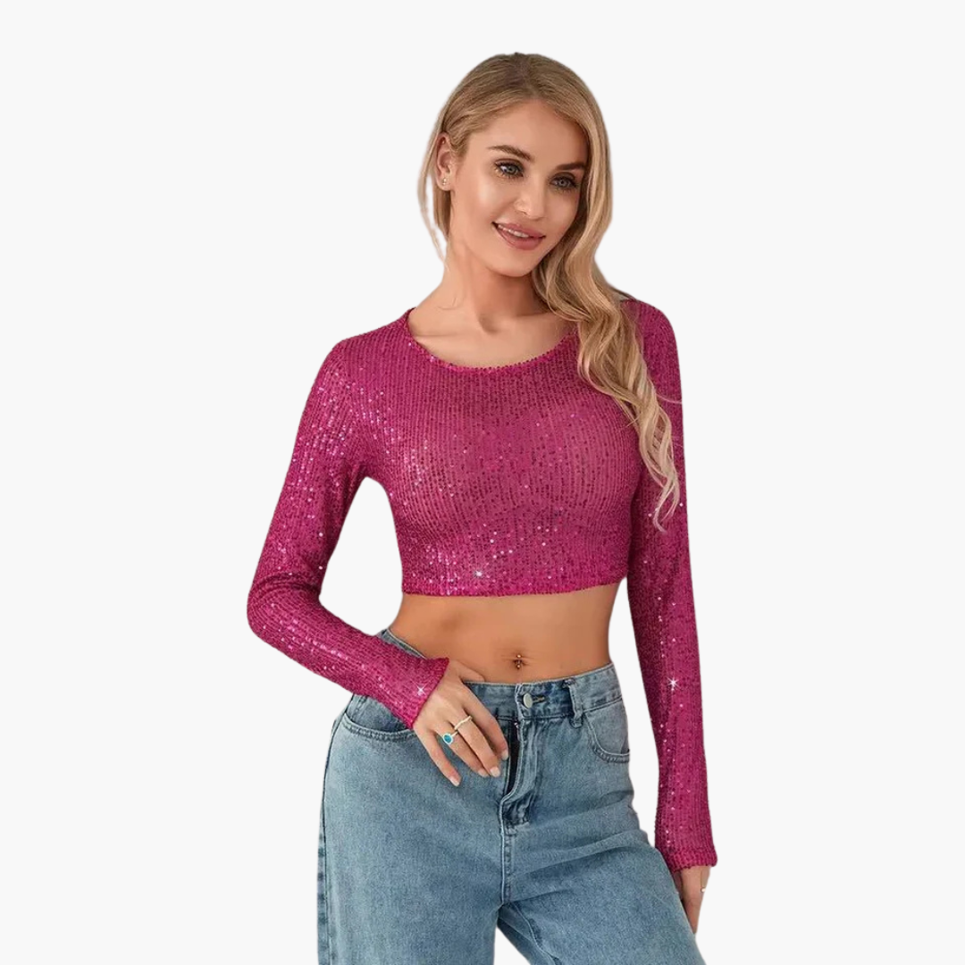 Haut pour femme à manches longues avec encolure ronde et extérieur à sequins