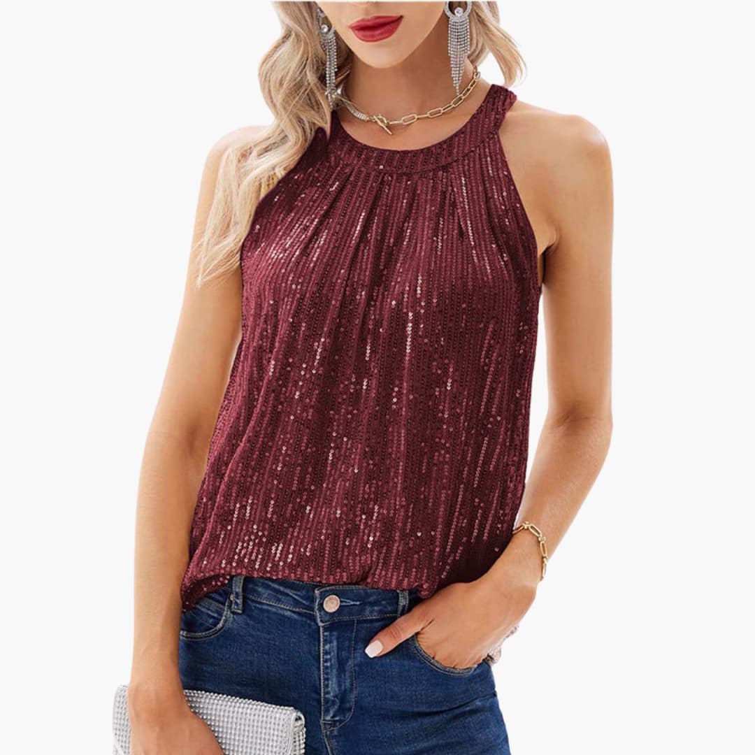 Sleeveless top for women with a backless neckline and sequin surface
