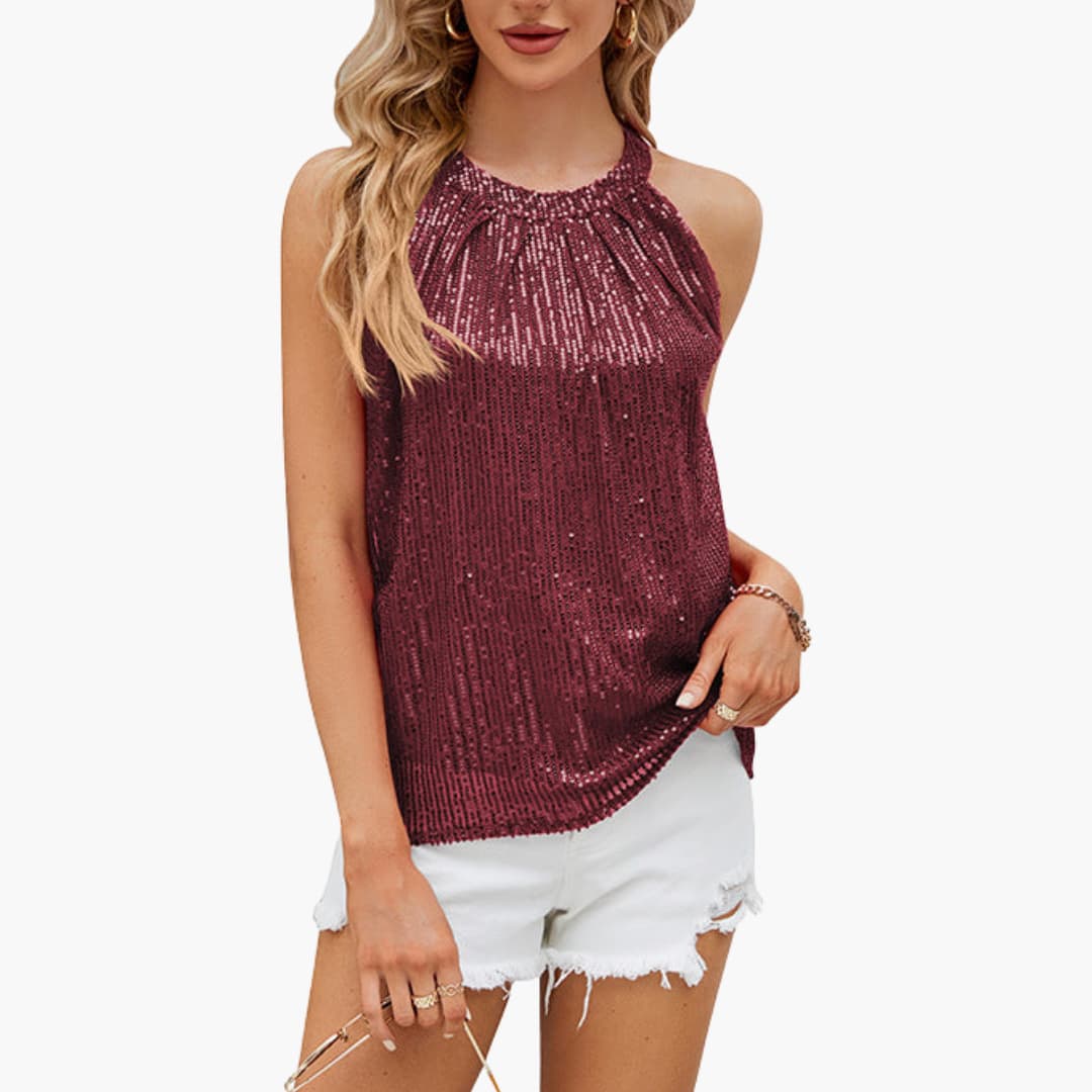 Sleeveless top for women with a backless neckline and sequin surface