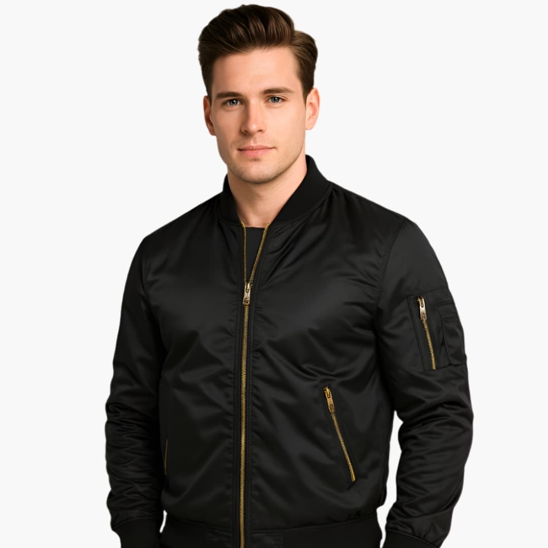 Homme Bomber avec Fermeture Éclair Dorée et Col Côtelé