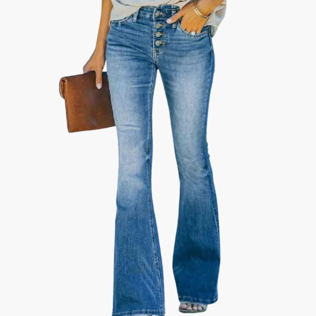 Jean femme évasé avec taille haute et braguette boutonnée