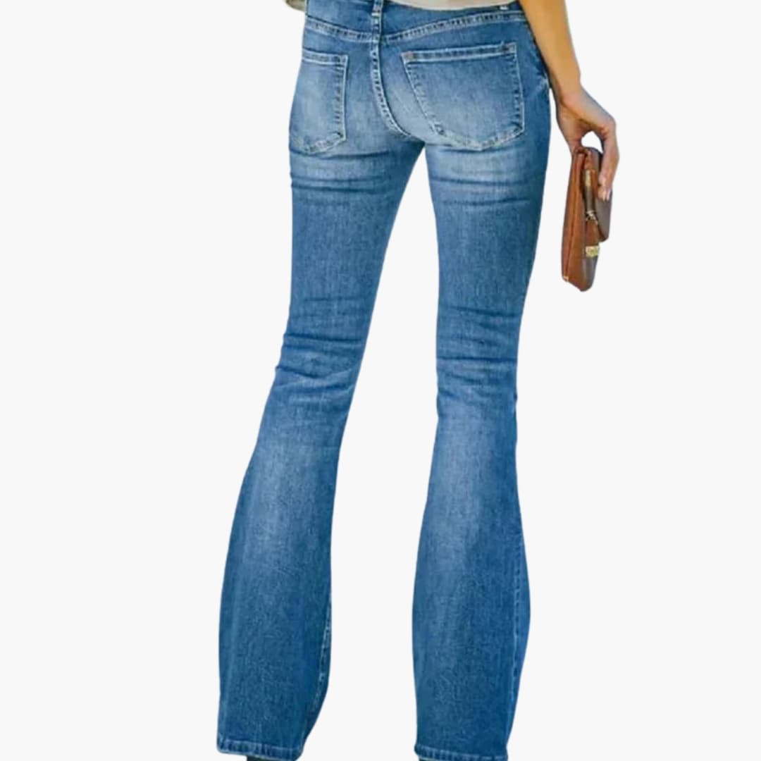 Jean femme évasé avec taille haute et braguette boutonnée