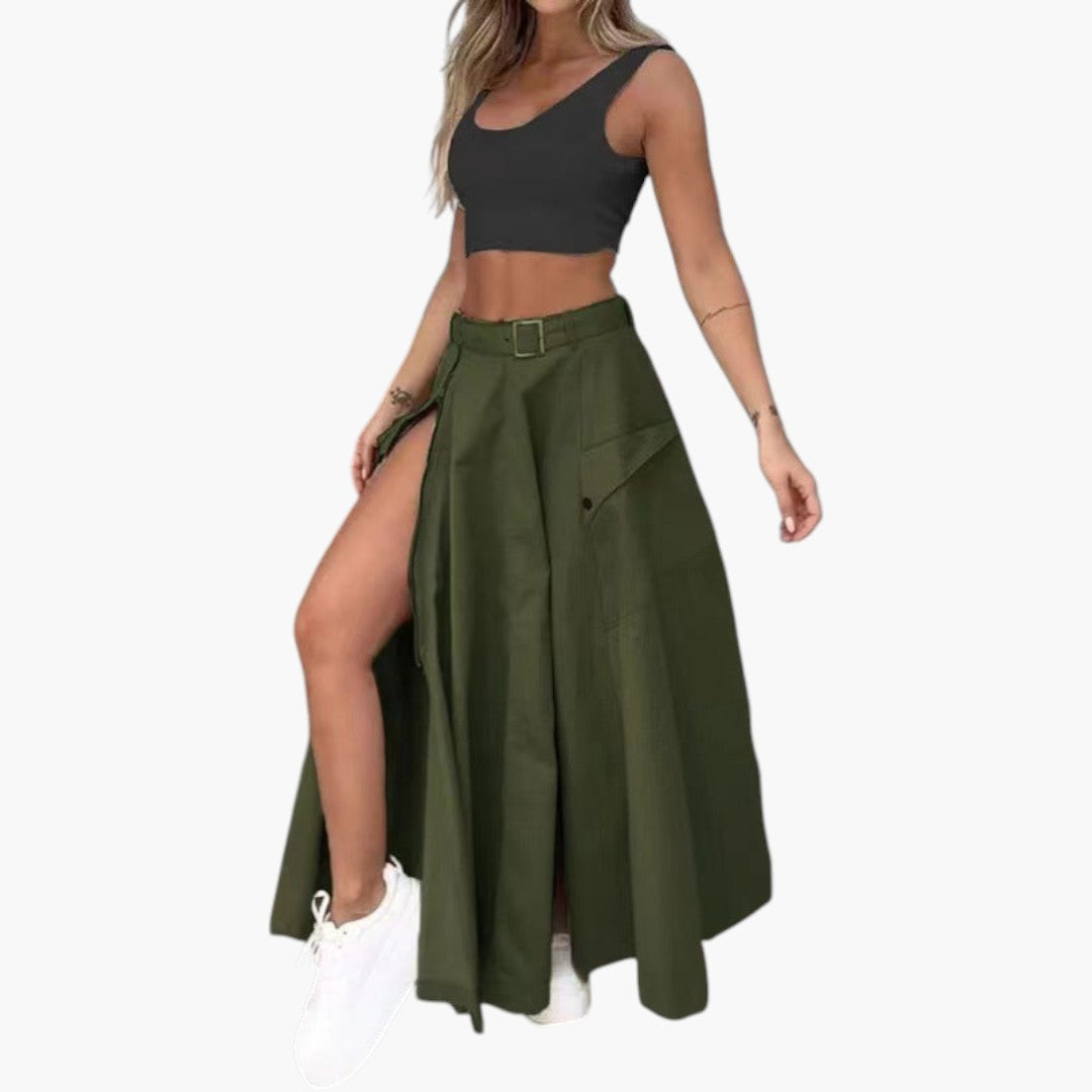 Jupe Maxi Femme avec Taille Ceinturée et Fente Latérale