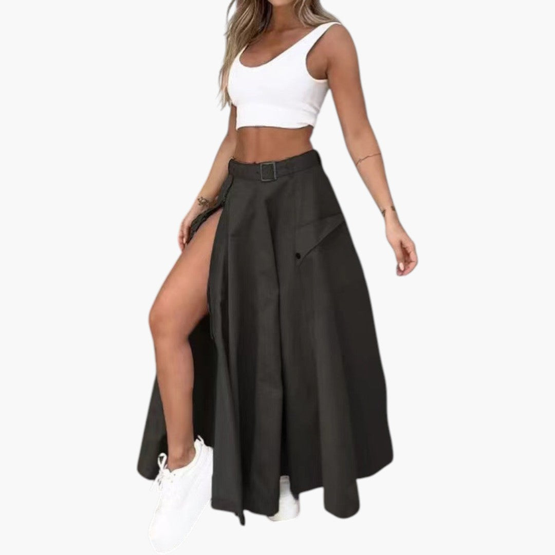 Jupe Maxi Femme avec Taille Ceinturée et Fente Latérale