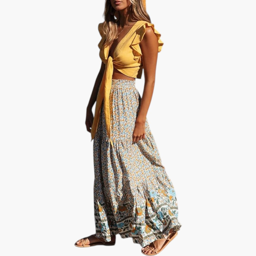 Jupe Maxi Femme avec Taille Élastique et Imprimé Floral