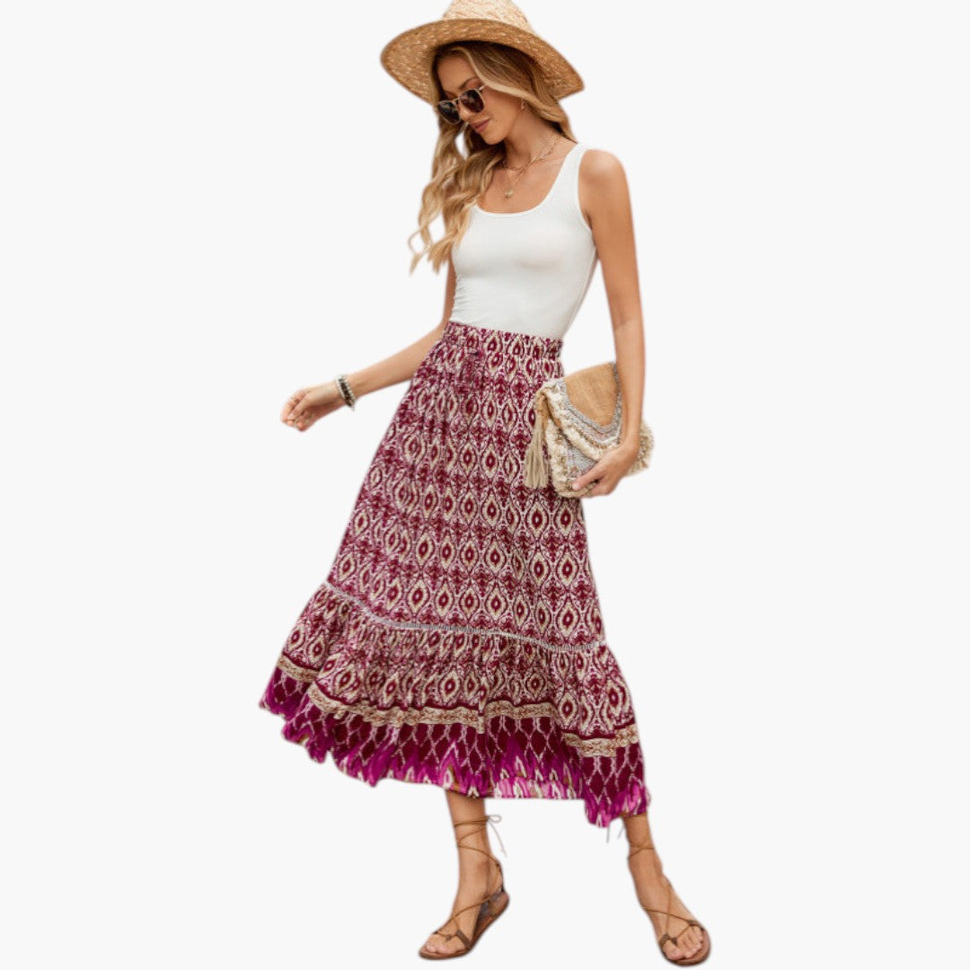 Jupe Maxi Femme avec Taille Élastique et Ourlet à Volants